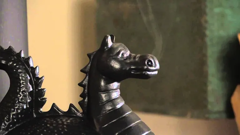 Close-up of a black dragon statue against a green background.