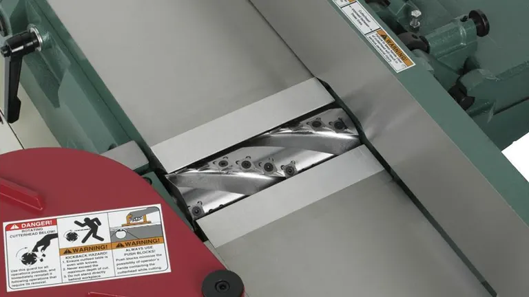 Close up of Grizzly G0490X Jointer’s cutterhead with safety warnings.