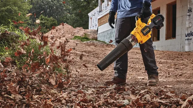 Person using DeWalt Flexvolt 60V Max Handheld Blower DCBL772X1 at a construction site.