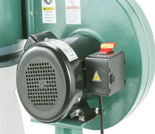 Close up of Grizzly G8027 1 HP Dust Collector’s motor and switch.