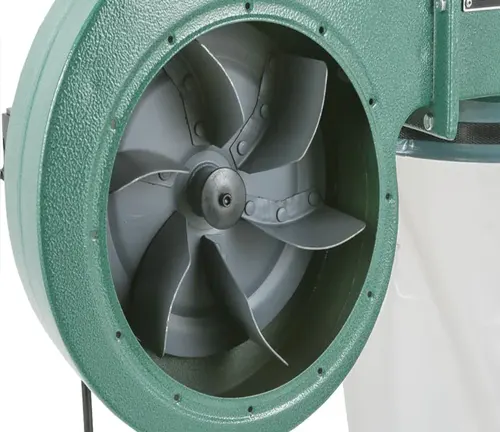 Close up of Grizzly G8027 1 HP Dust Collector’s impeller housing.