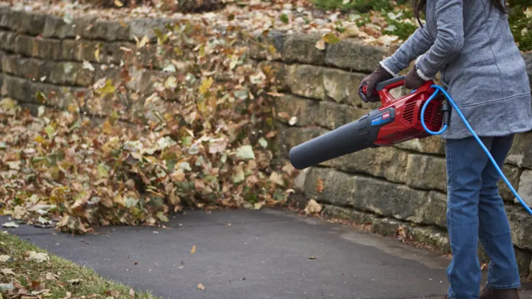 Person using TORO Leaf Blower F700 to clear leaves from a sidewalk