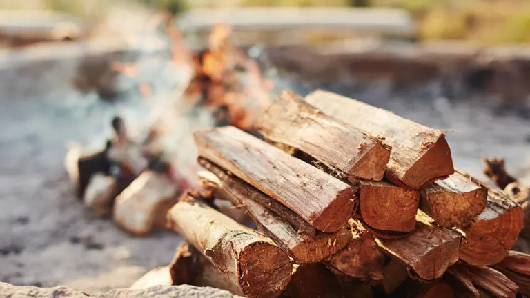 Firewood pile with burning fire