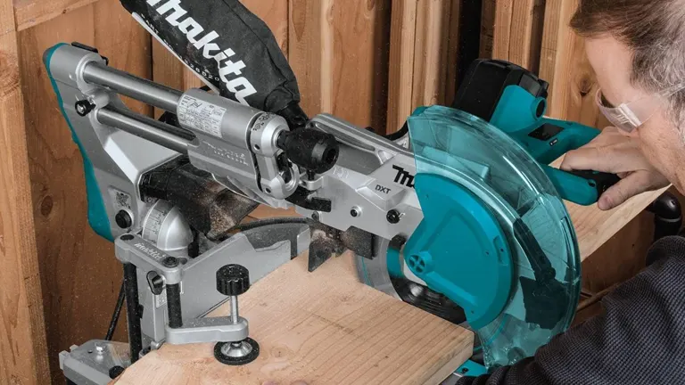 Makita LS1019L 10" Dual-Bevel Sliding Compound Miter Saw with Laser in use