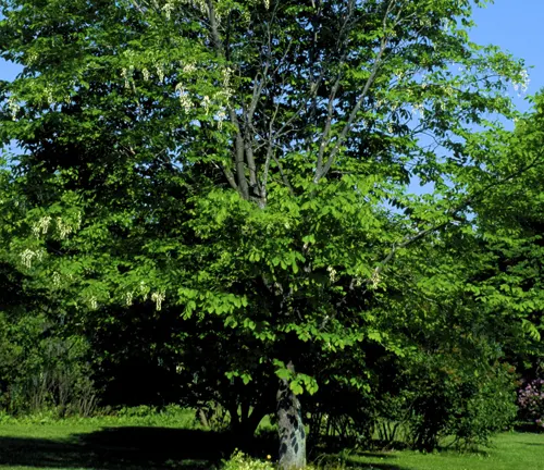 Yellowwood tree in full bloom with green leaves in a park setting, blue sky visible in the corner