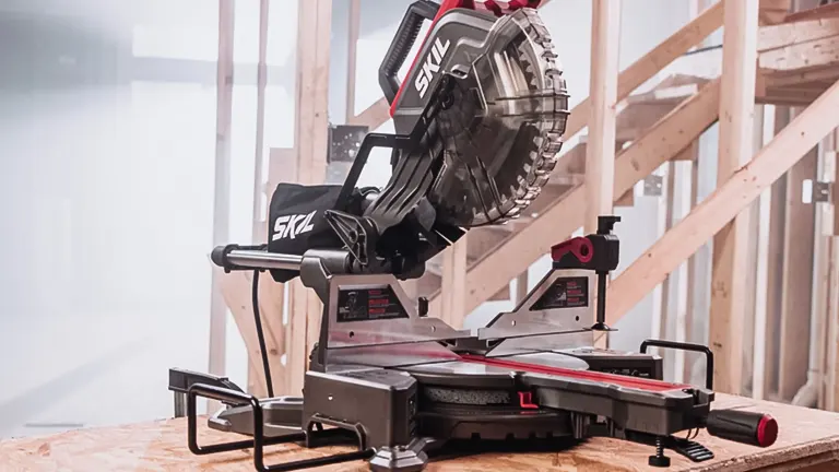 Skil MS6305-00 10” Dual Bevel Sliding Compound Miter Saw on a workbench at a construction site