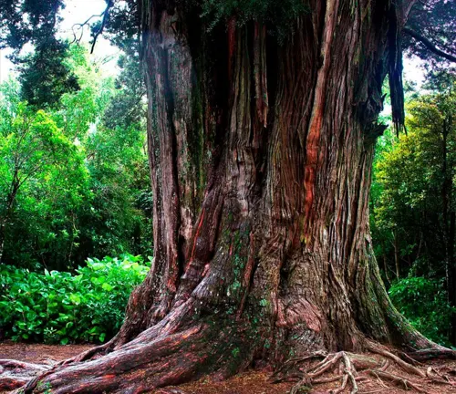 Large Totara tree with thick trunk and exposed roots in a lush forest