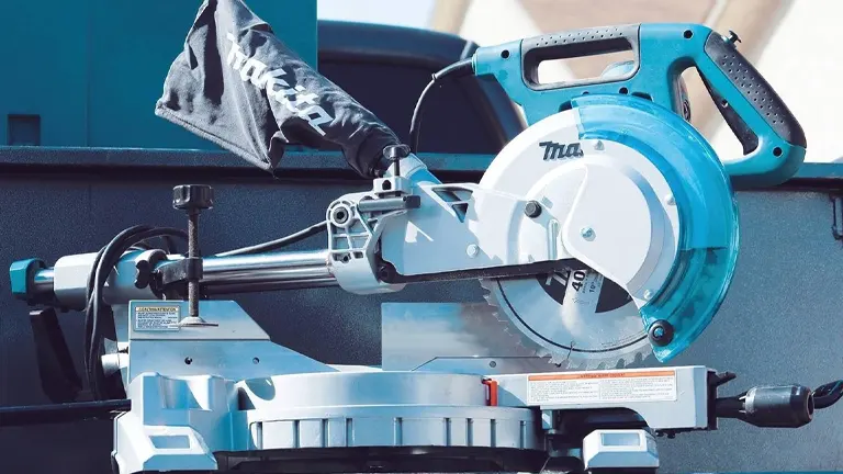 A Makita LS1018 10” Dual Slide Compound Miter Saw, a high-precision power tool for intricate woodworking projects