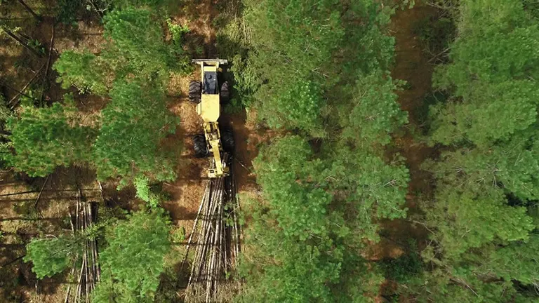 Aerial view of a yellow timber harvesting machine in a forest