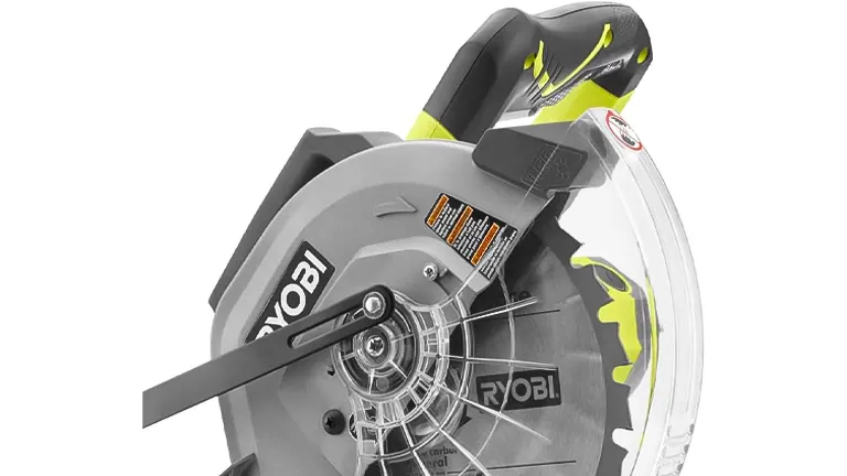 Gray and green Ryobi TSS103 10” Sliding Compound Miter Saw angled to the left