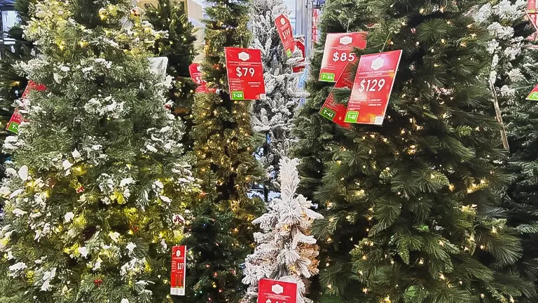 Artificial Christmas trees with price tags in a store.