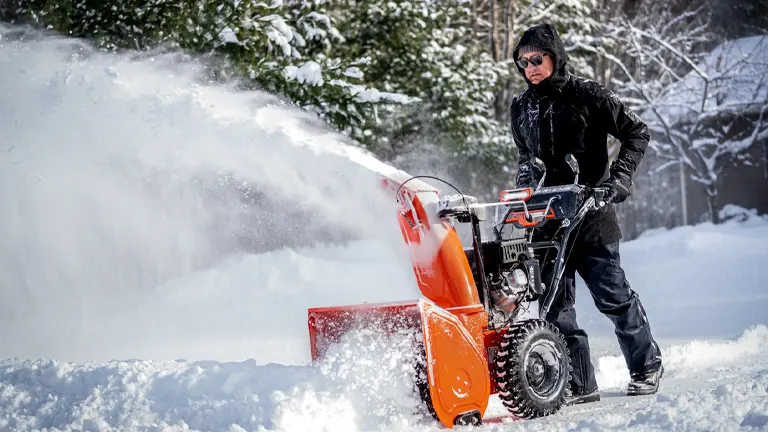 Ariens Deluxe 28 SHO Snow Blower operating in road