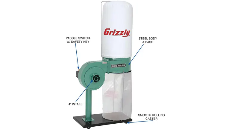 Grizzly G8027 1 HP Dust Collector with green body and white collection bag.