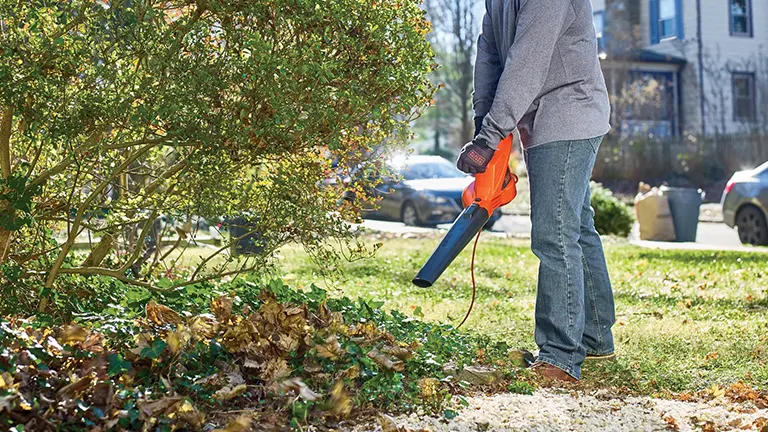 Person using BLACK+DECKER LB700 leaf blower on a lawn