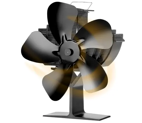 CWLAKON heat powered stove fan with four black blades, a metallic body, and a stand