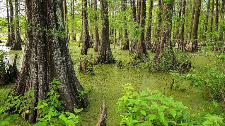 Swampy forest with tall trees and lush green foliage, reflecting sustainable management