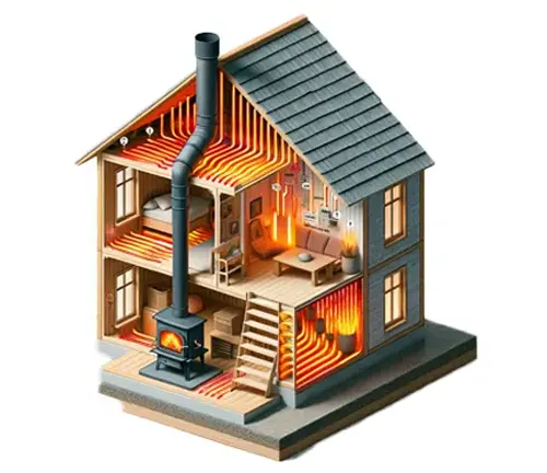 3D illustration of a cross-section of a furnished house with a chimney.