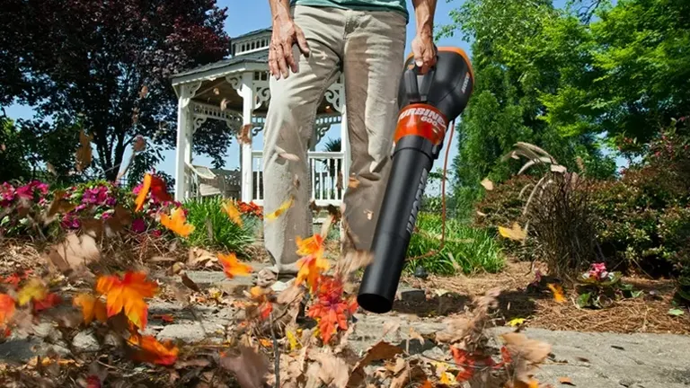 Person clearing garden with WORX WG520 Turbine 600 Electric Leaf Blower