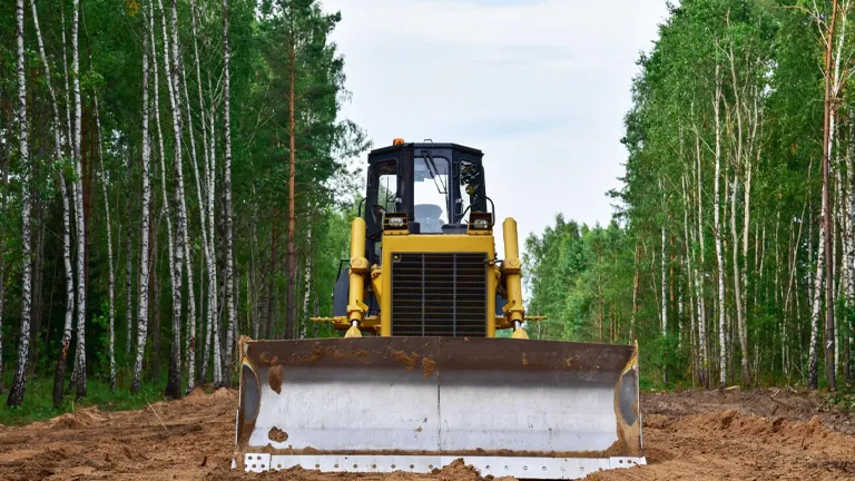 Bulldozer in a forest clearing as part of sustainable forest management practices