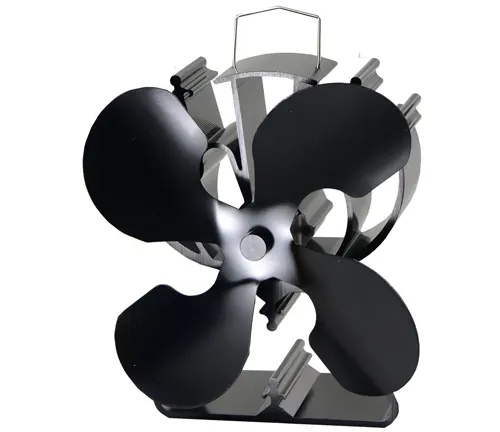 Voda Heat Stove Fan with four black blades and a metallic body. The fan, typically used to distribute heat from a stove throughout a room, has four large, slightly curved blades