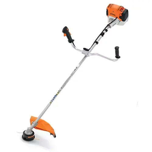 Orange and white STIHL FS 131 Trimmer with a black grip, trigger, guard, and string on a white background