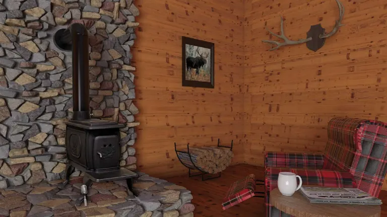 Cozy cabin interior with wood stove and plaid armchair.