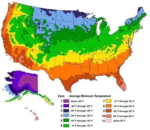 US map showing average minimum temperatures by zone