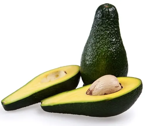Whole and sliced Pinkerton Avocados on a white background
