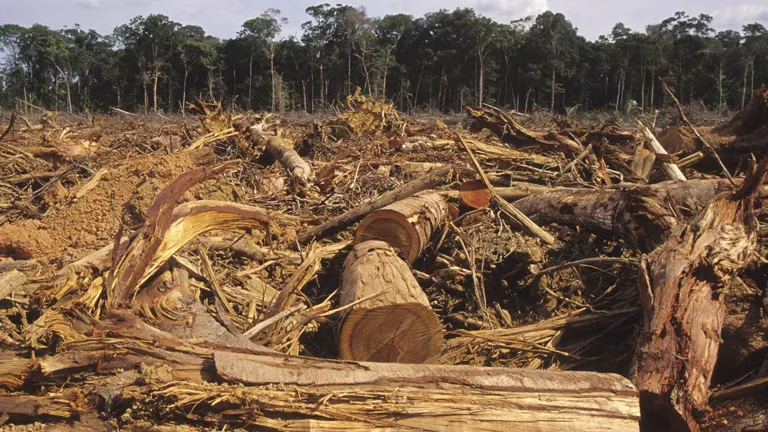 Deforested area with scattered tree stumps and debris