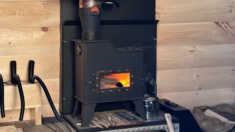 Black wood-burning stove with a fire inside, in a wooden room.