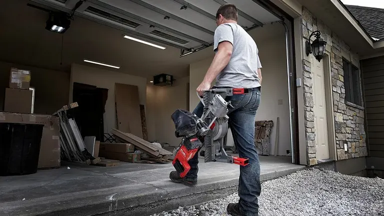 Man carrying a Milwaukee 2733-20 M18 FUEL 7-1/4-Inch Dual Bevel Sliding Compound Miter Saw in a garage