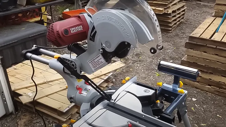 Chicago Electric 61969 12” Double-Bevel Sliding Compound Miter Saw in a workshop