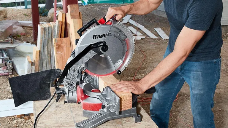 A Bauer 12" Single-Bevel Compound Miter Saw with a blade in place, ready to cut