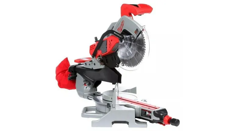Red and black Milwaukee 6955-20 12” Dual-Bevel Sliding Compound Miter Saw with a silver blade on a white background