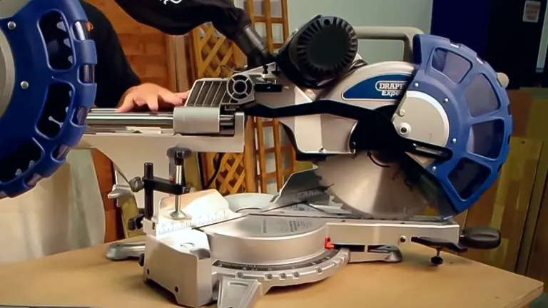 Draper Expert 79901 SMS305E 230V 305mm Double Bevel Sliding Compound Miter Saw in use in a workshop
