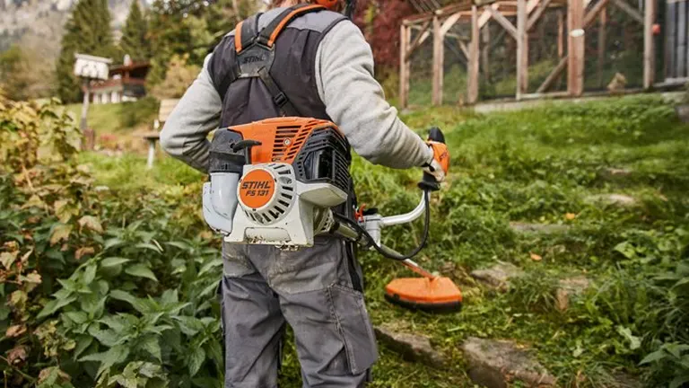 Person in gray outfit using an orange and white STIHL FS 131 Trimmer in a garden