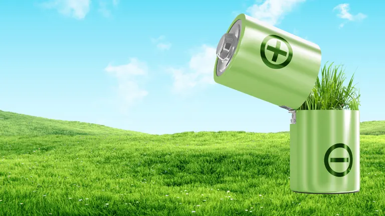 Green battery pouring out grass onto a field, symbolizing the environmental impact of battery-powered leaf blowers