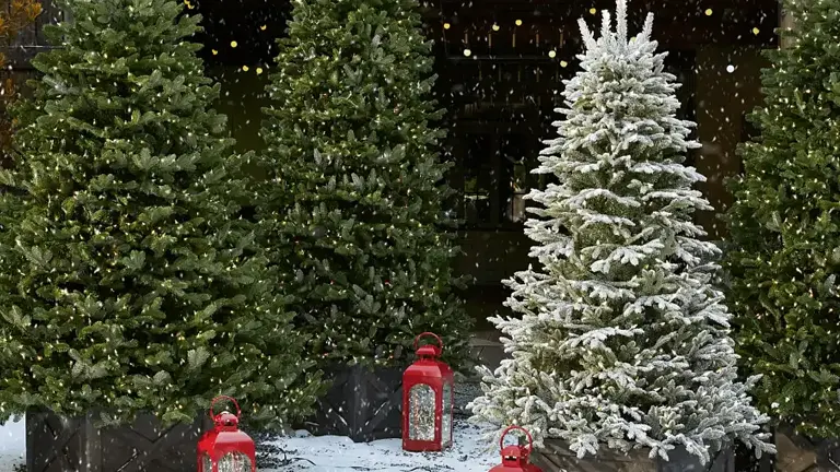 Three snowy Christmas trees with red lanterns in front of a house.