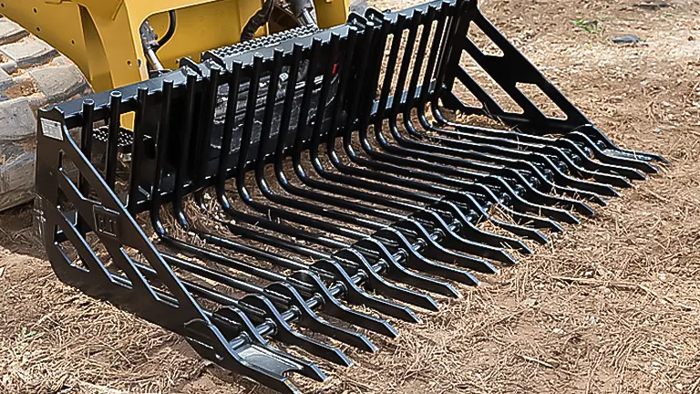 Black rake attachment on a yellow construction vehicle.