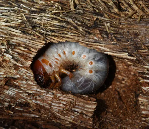 Close-up of a grub on bark.