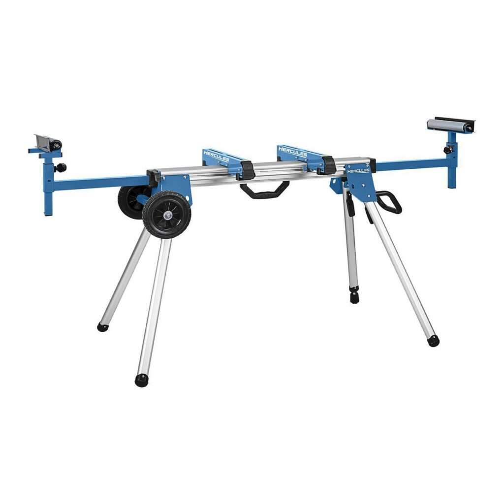 Hercules 550 lb. Universal Aluminum Mobile Folding Miter Saw Stand with blue and silver color scheme and wheels for easy transport
