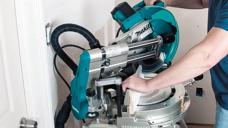 Makita LS1019L 10" Dual-Bevel Sliding Compound Miter Saw with Laser in use