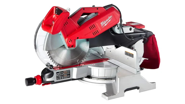 Red and silver Milwaukee 6955-20 12” Dual-Bevel Sliding Compound Miter Saw on a white background