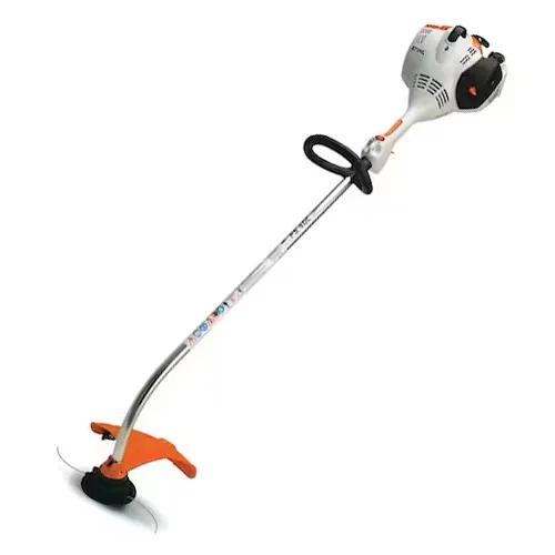 Orange and white STIHL FS 40 C-E Trimmer with a black grip, trigger, guard, and string on a white background