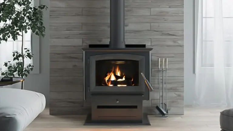 Modern wood-burning stove in a living room.