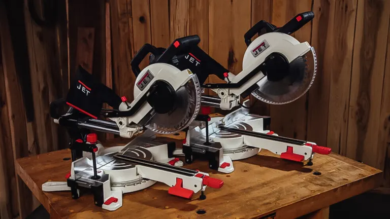 JET JMS-10X 707210 10-Inch Dual-Bevel Compound Miter Saw on a wooden table