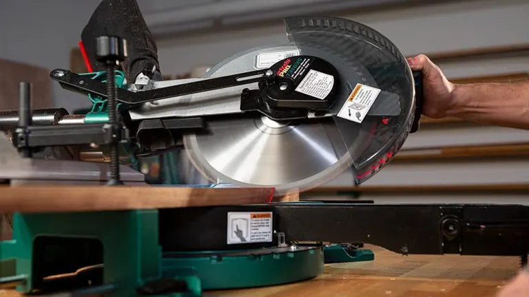 A Grizzly Pro T31635 12" Double-Bevel Sliding Compound Miter Saw with a blade in place and the saw arm extended, ready for a crosscut