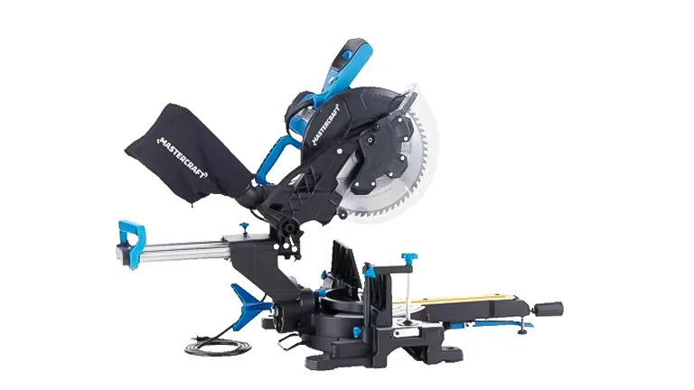 Blue and black Mastercraft 11G-305 15 Amp 12" Dual-Bevel Sliding Miter Saw with Laser on a white background