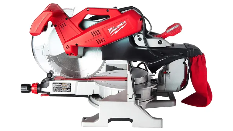 Red and black Milwaukee 6955-20 12” Dual-Bevel Sliding Compound Miter Saw with a silver blade and a red dust bag on a white background