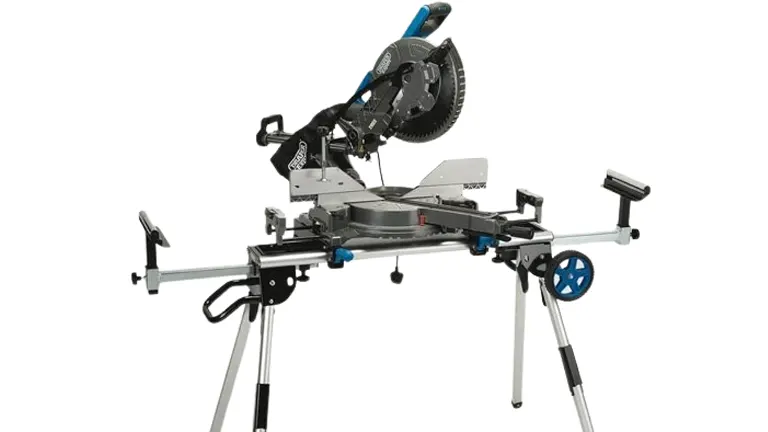Draper Expert 79901 SMS305E 230V 305mm Double Bevel Sliding Compound Miter Saw on a stand with a blue handle and a black blade